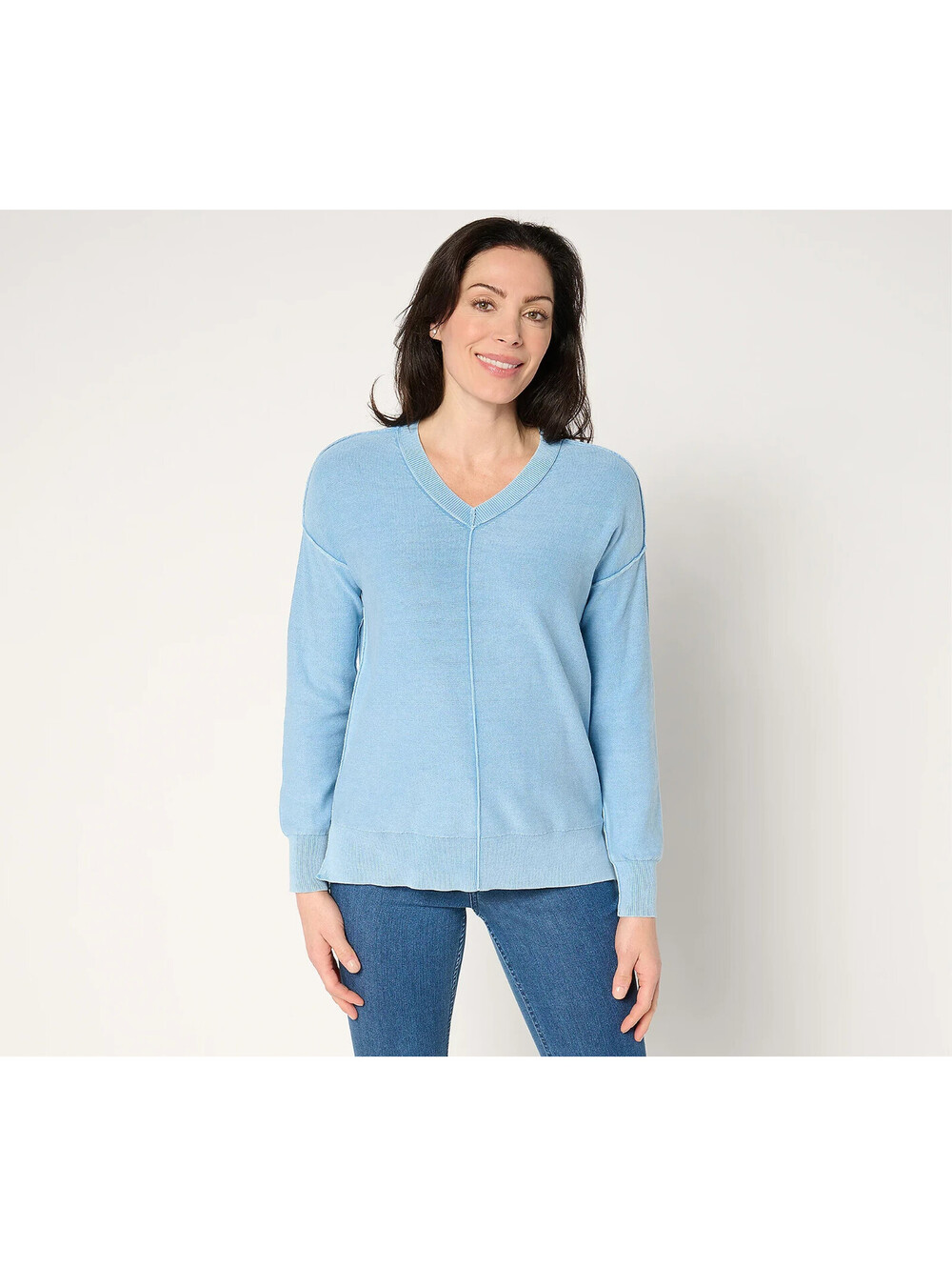 Women with Control V-Neck Pullover Sweater with Wash Effect Arctic Sky, Size 1X